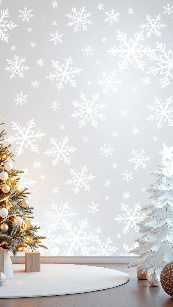 Christmas Aesthetic White Wallpaper Elegant white Christmas wallpaper with snowflakes and frosted trees, set in a cozy holiday-themed room.